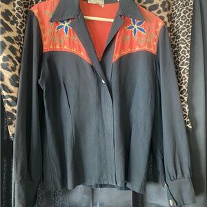Vintage Paramount Hollywood Fashions Black Western Shirt with Embroidered Detail